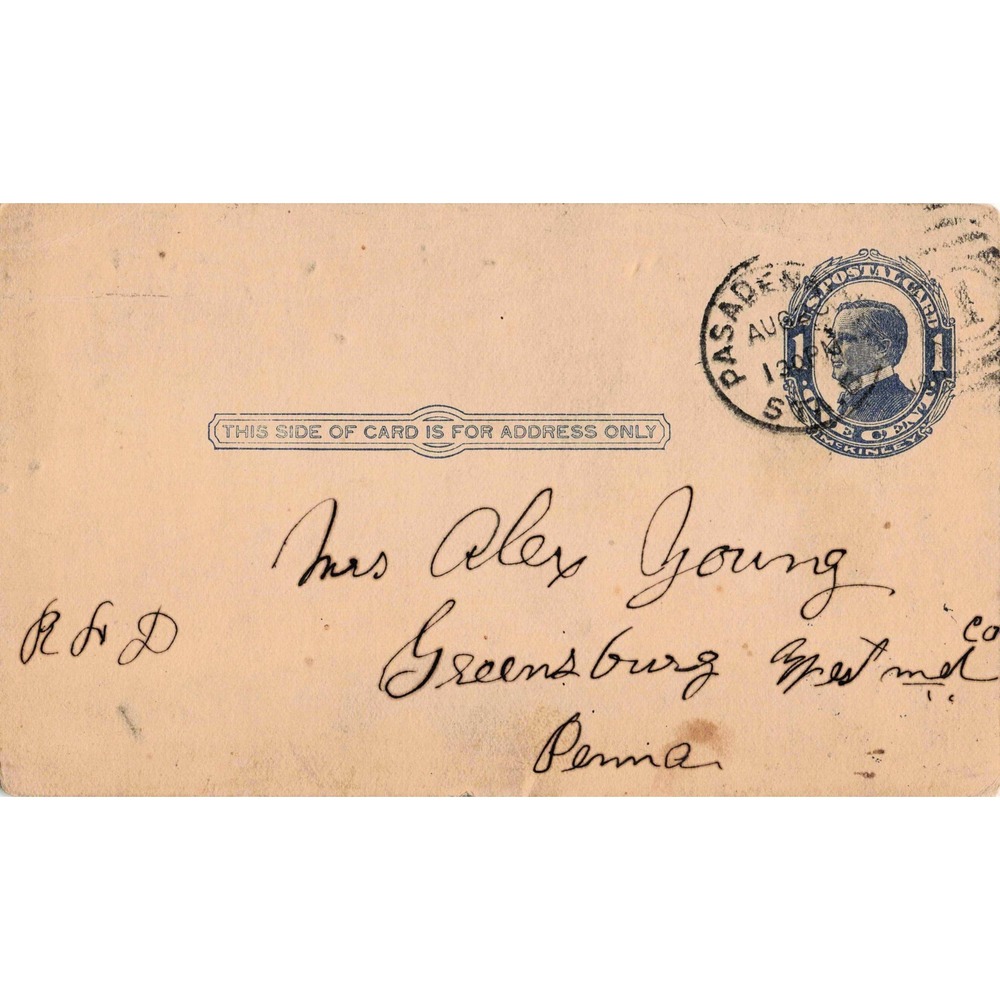 1911 Pasadena CA to Greensburg PA 1c McKinley Blue Stamp US Postal Card Antique
